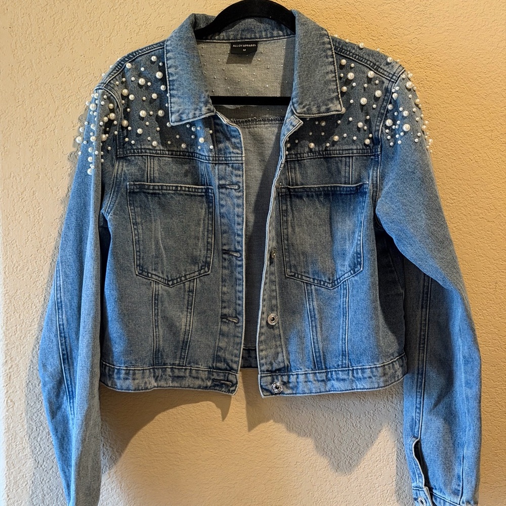 ALLOY Light Blue Denim Jacket with Pearl Shoulder Embellishments